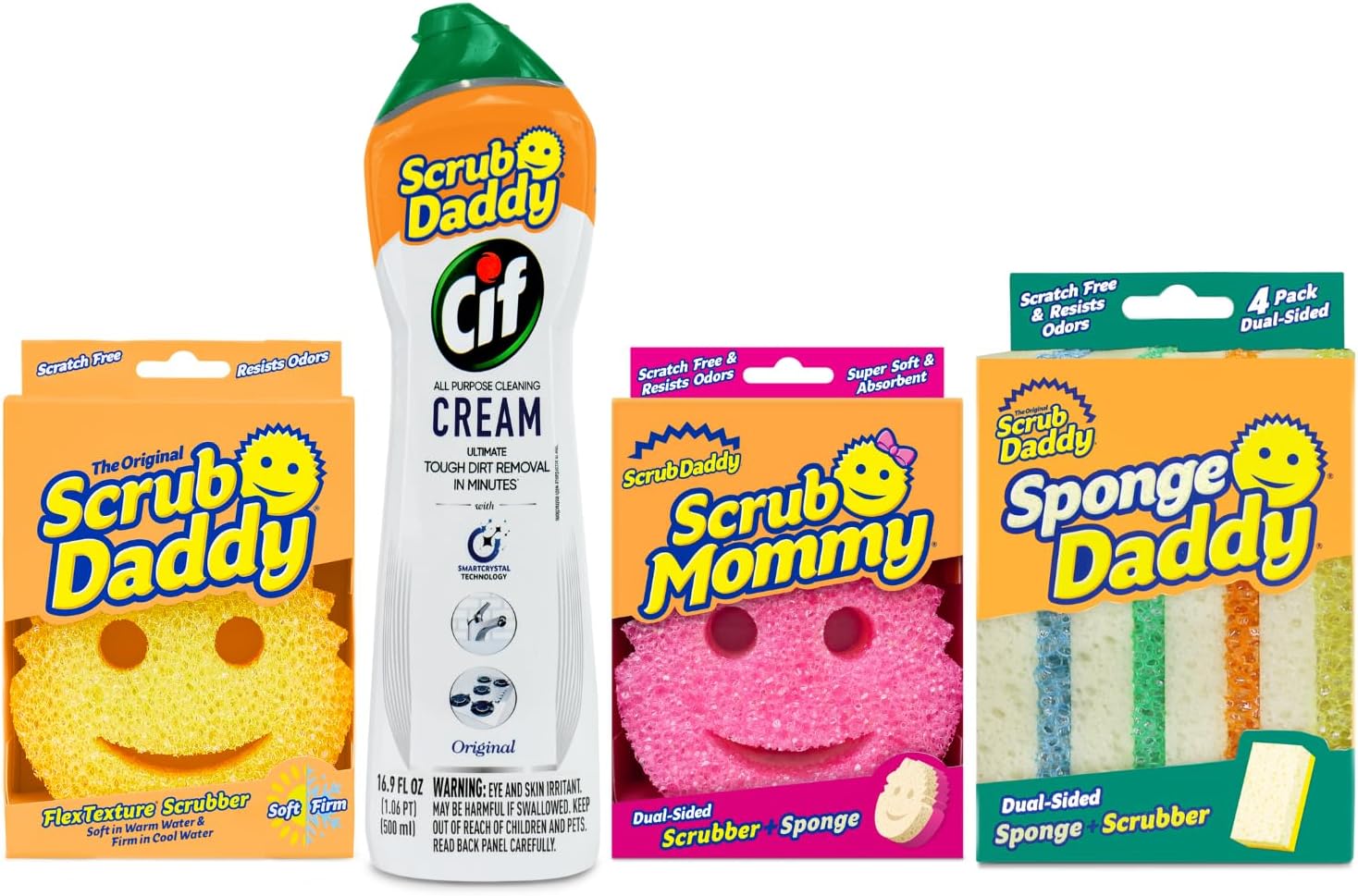 Scrub Daddy + Cif Bundle - Includes Cif Cream All Purpose Cleaner, Scrub Mommy Sponge, Scrub Daddy Sponge, Sponge Daddy Color Coated Sponges (4 Count Set)