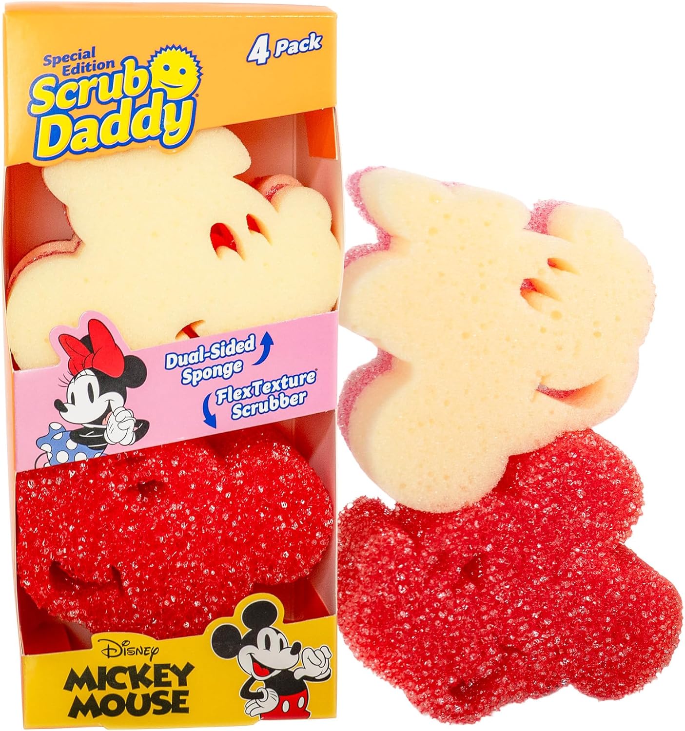 Scrub Daddy Mickey & Minnie Mouse Dish Sponges - Includes 2 Scrub Daddy Kitchen Sponges & 2 Scrub Mommy Dish Scrubbers - Dual-Sided, Odor-Resistant & Scratch-Free - Special Edition Set (4 Count)