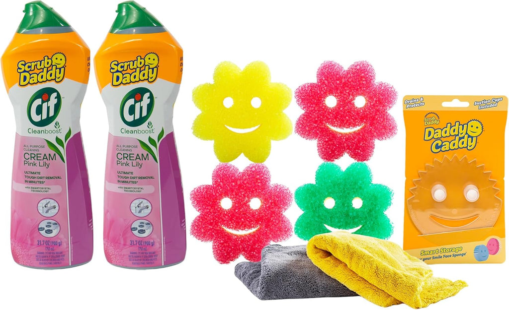 Scrub Daddy Cleaning Supplies Kit - Cif Floral Bundle - Includes Scrub Mommy Dish Sponges, Microfiber Towels, Kitchen Sink Caddy & Cif Cream All Purpose Cleaner, Pink Lilly (9 Count)