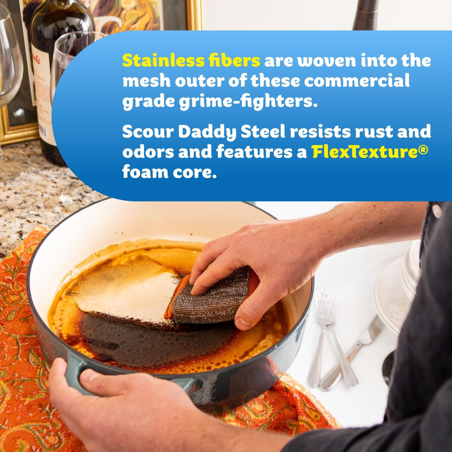 Scrub Daddy Large Steel Scouring Pads - Scour Daddy Steel XL Stainless Steel Dish Scrubber Sponge - Durable, Shred-Resistant Scour Pads - Bulk Kitchen Sponges & Commercial Cleaning Supplies (18 Count)