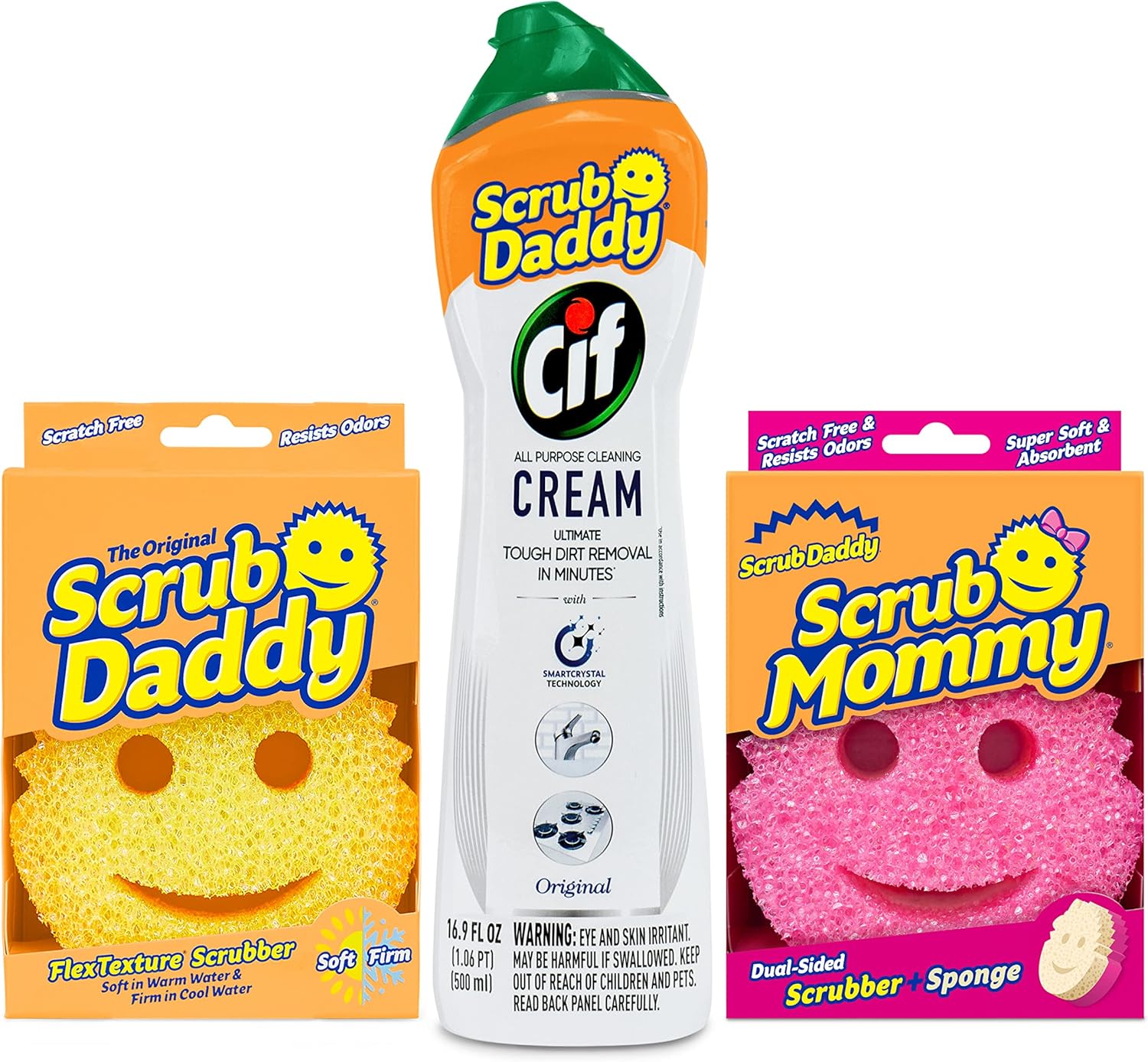 Scrub Daddy Sponges + Scrub Mommy + Cif All Purpose Cleaner, Original - Non Scratch Sponges for Kitchen + Bathroom - Scrubber and Multipurpose Cleaner Cream - Cleaning Supplies Kit