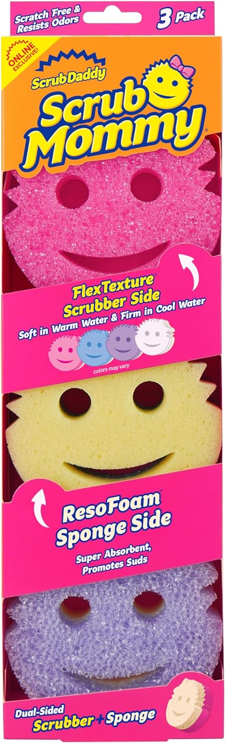 Scrub Daddy Scrub Mommy Sponges - Dish Scrubber + Non-Scratch Cleaning Sponges Kitchen, Bathroom + Multi-Surface Safe - Dual-Sided Dish Sponges for Scrubbing - Online Exclusive (3 Count)