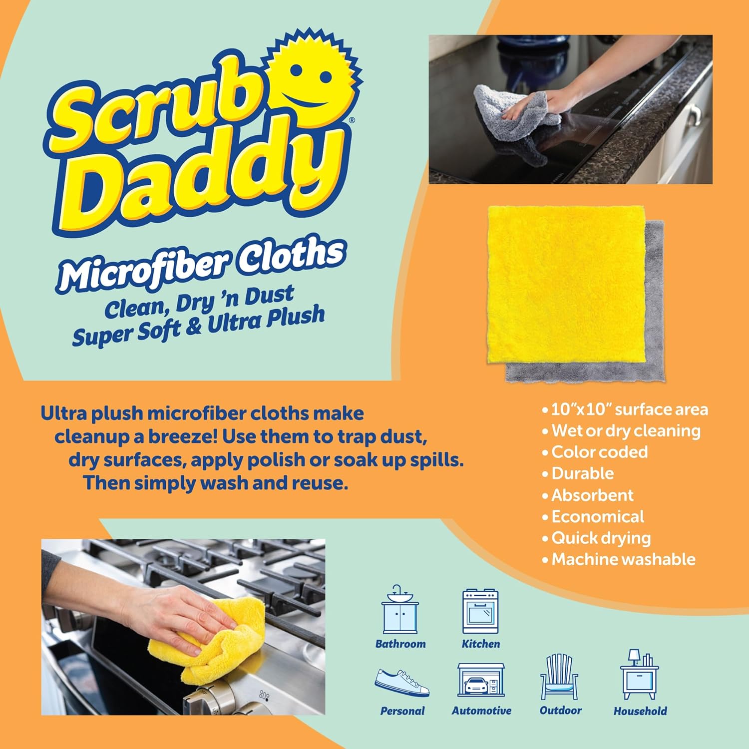 Scrub Daddy Household Cleaning + BBQ Bundle - BBQ Daddy Bristle Free Grill Brush - 2 Microfiber Cleaning Towels - All Purpose Cleaner PowerPaste Cleaning Paste + Scrub Mommy Sponge