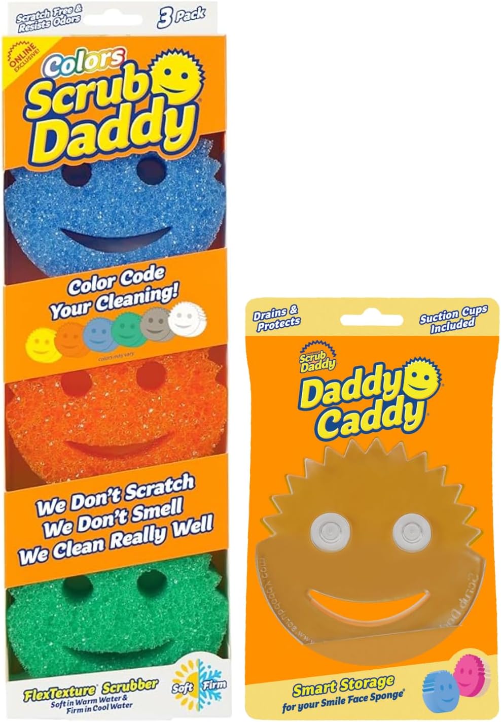 Scrub Daddy Colors 3ct + Daddy Caddy - Scratch-Free Multipurpose Dish Sponge + Sponge Holder - BPA Free & Made with Polymer Foam - Stain & Odor Resistant Kitchen Sponge