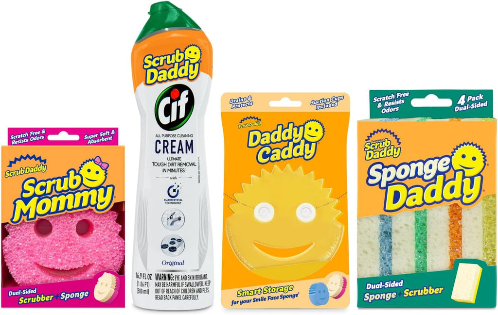 Scrub Daddy + Cif Bundle - Includes Cif Cream All Purpose Cleaner, Scrub Mommy Sponge, Daddy Caddy Sponge Holder, Sponge Daddy Color Coated Sponges (4 Count Set)