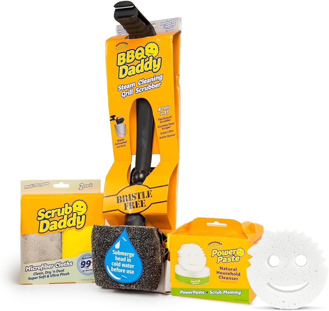 Scrub Daddy Household Cleaning + BBQ Bundle - BBQ Daddy Bristle Free Grill Brush - 2 Microfiber Cleaning Towels - All Purpose Cleaner PowerPaste Cleaning Paste + Scrub Mommy Sponge