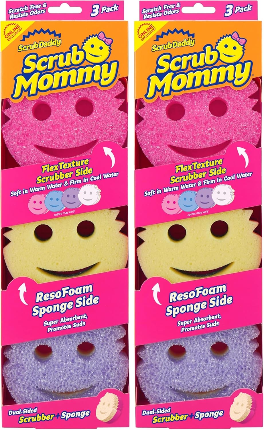 Scrub Daddy Scrub Mommy Sponges - Dish Scrubber + Non-Scratch Cleaning Sponges Kitchen, Bathroom + Multi-Surface Safe - Dual-Sided Dish Sponges for Scrubbing - Online Exclusive (3 Count) (Pack of 2)