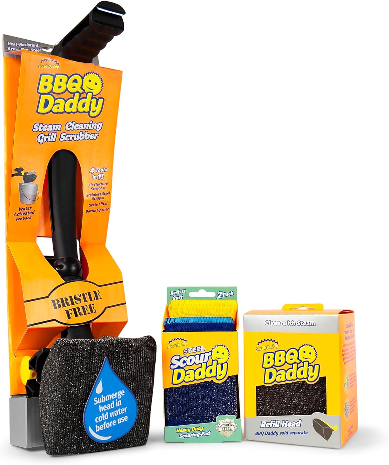 Scrub Daddy BBQ Daddy Grill Cleaner Kit - Bristle Free Grill Brush with Refill + 2 Steel Scour Daddy Grill Sponges - Built-in Grill Scraper - Temperature Controlled Grill Cleaning Tools (4 Count)