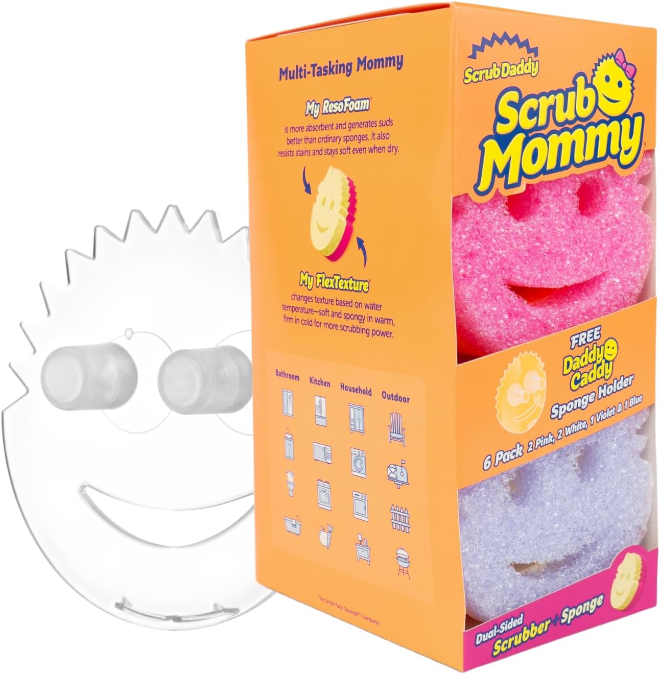 Scrub Daddy 6 Scrub Mommy Kitchen Sponges & 1 Daddy Caddy Sponge Holder - Scratch-Free for Dishes & Multipurpose Cleaning - BPA Free & Made with Polymer Foam - Stain & Odor Resistant